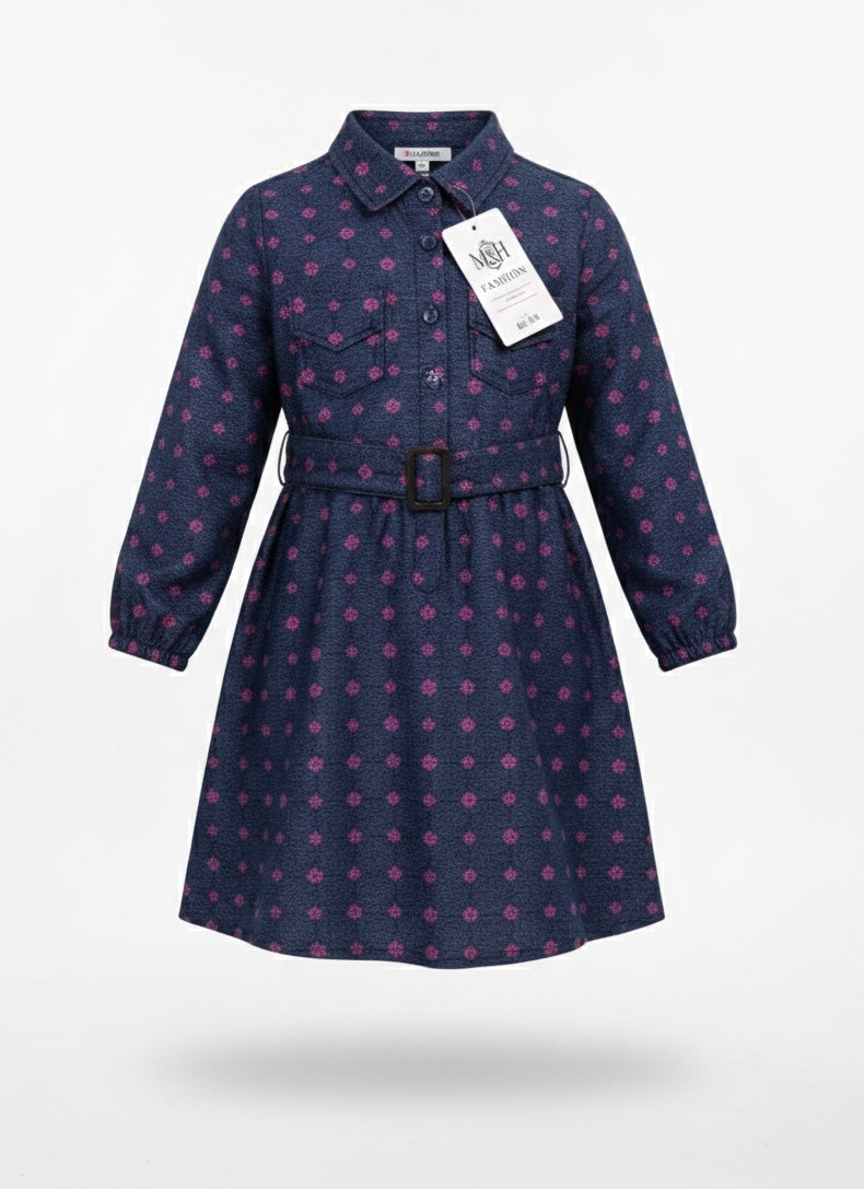 Girls' Blue Denim Cyan Prints Ruffle Sleeve Floral Belted Dress (2-12 Years) | MH