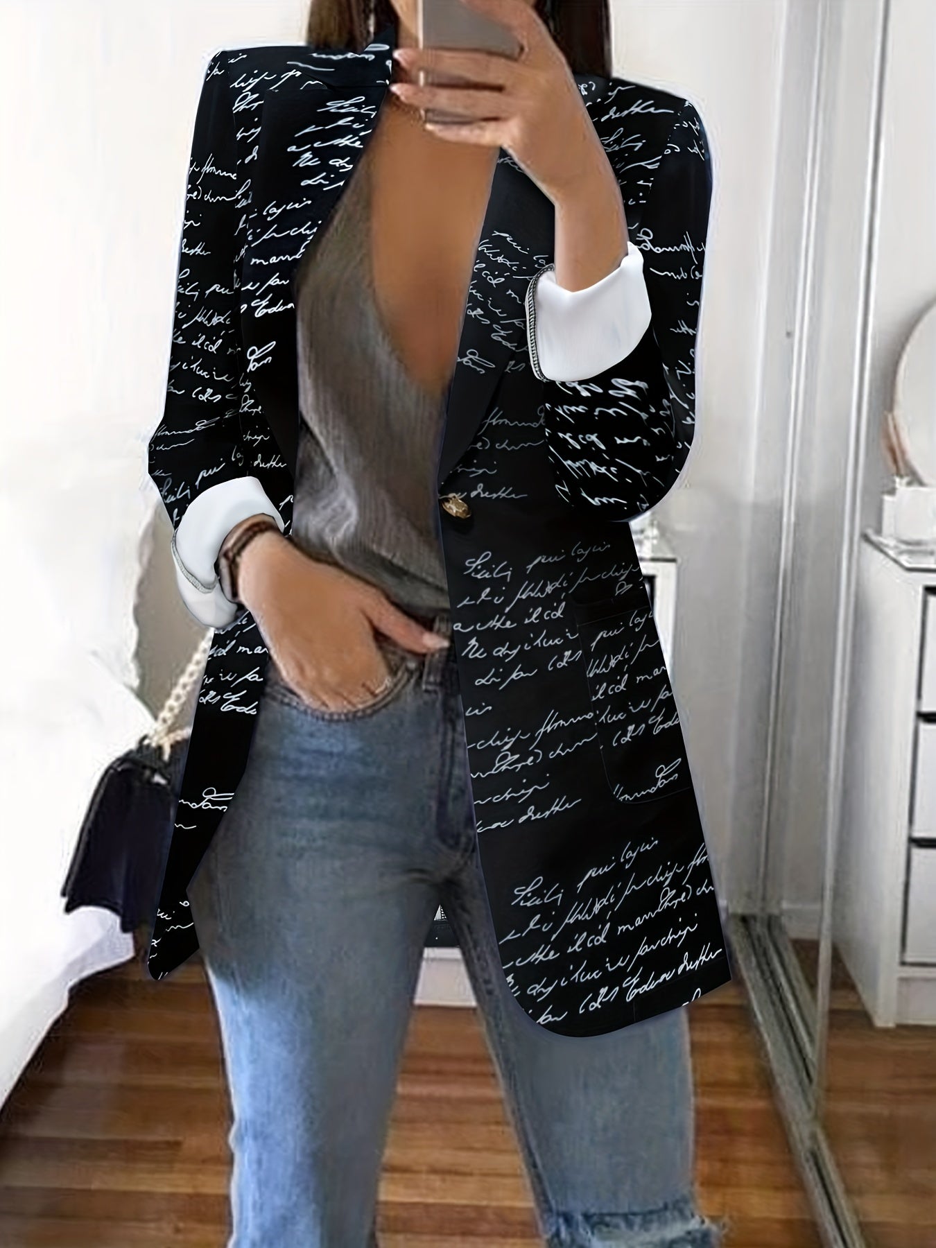 Letter Print Lapel Blazer, Casual One Button Long Sleeve Outerwear,