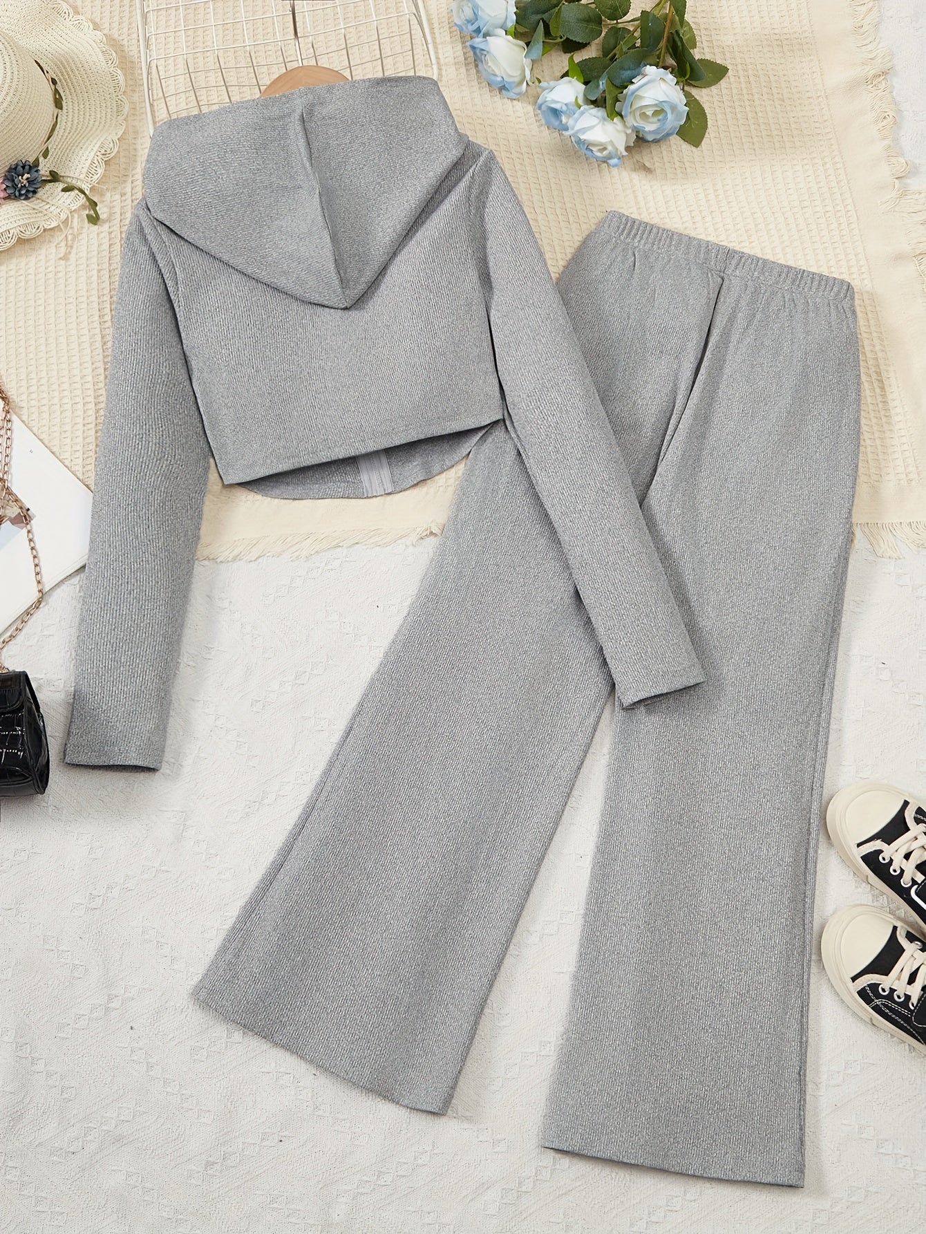 Elegant Girls Slim Outfits 2pc, Zip Hoodies + Loose Fit Flare Pants Kids Clothes.