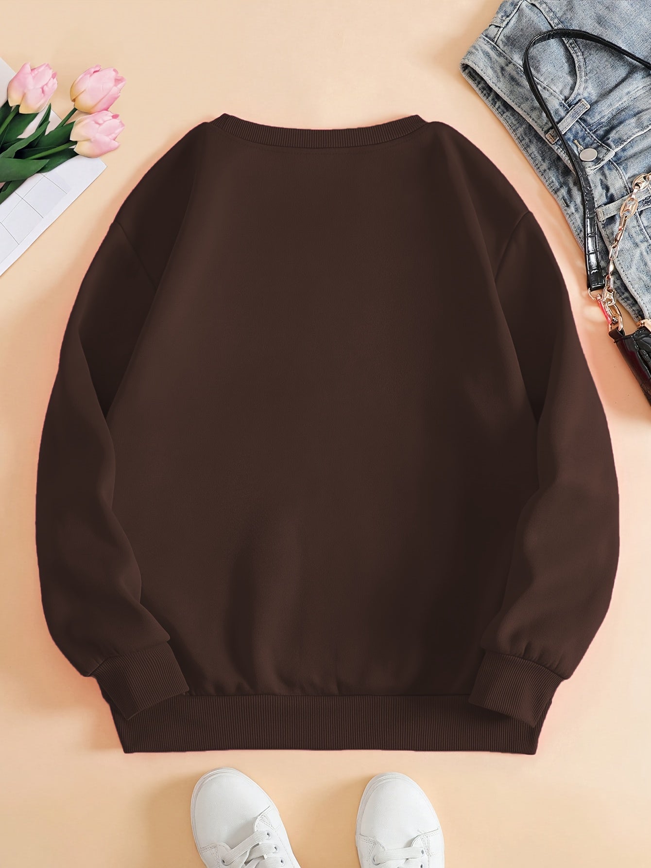 Women'S Long Sleeve Sweatshirt - Soft Pullover Sweater with Brown Heart Pattern,