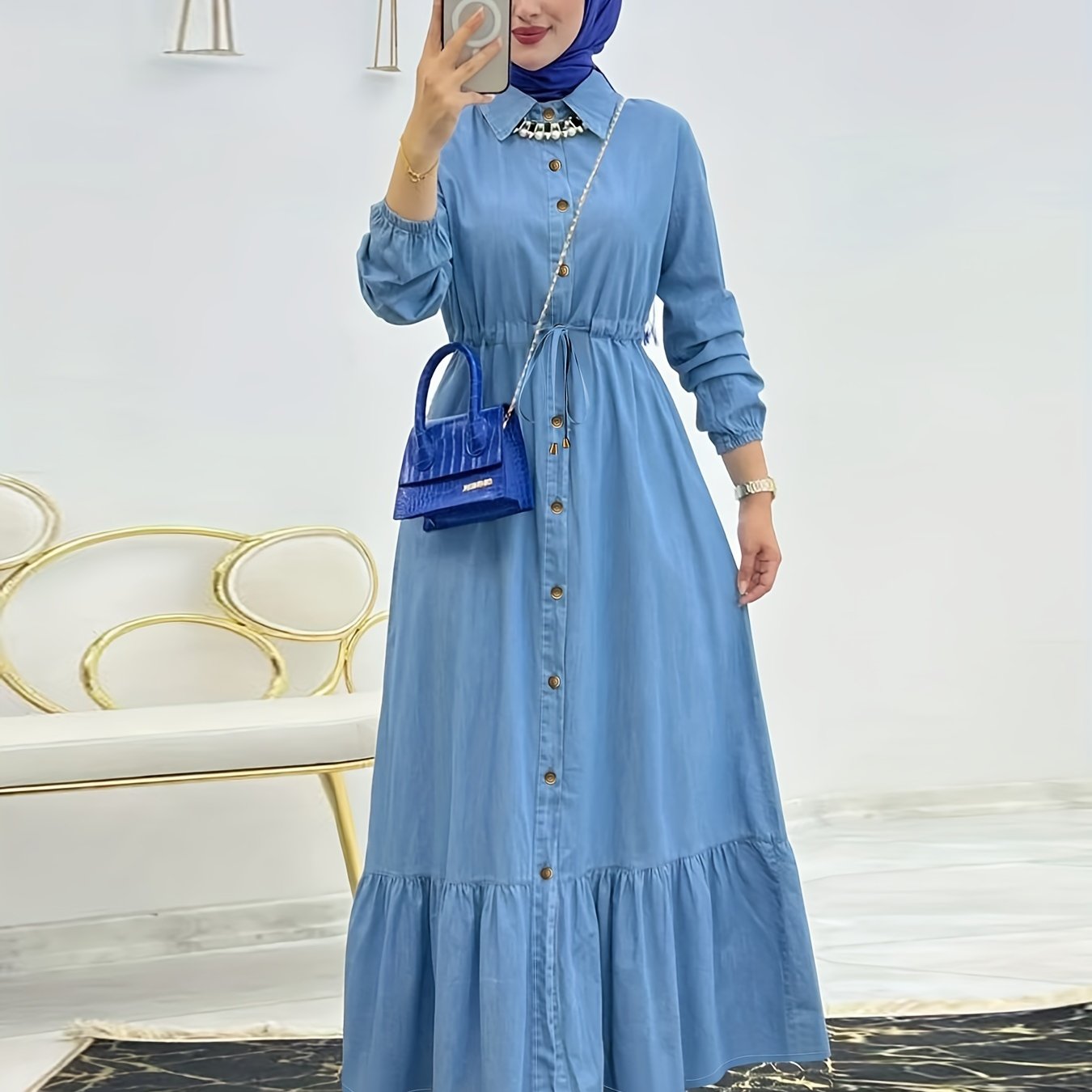 Solid Button Front Kaftan, Casual Long Sleeve Ruffle Hem Dress Without Hijab, /MH