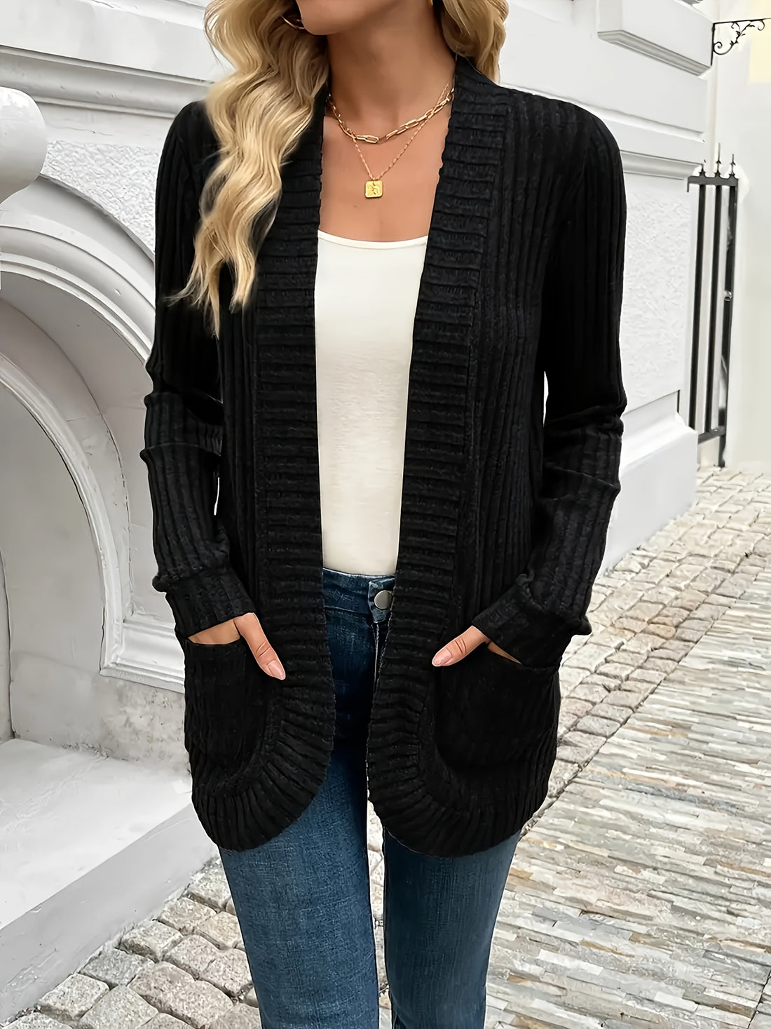 1pc Women'S Solid Color Polyester Cardigan Jacket with Pockets,