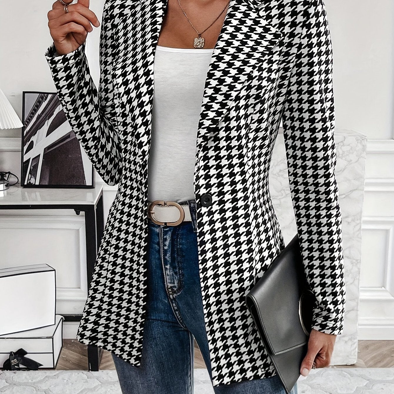Houndstooth Print Button Front Blazer, Casual Lapel Long .