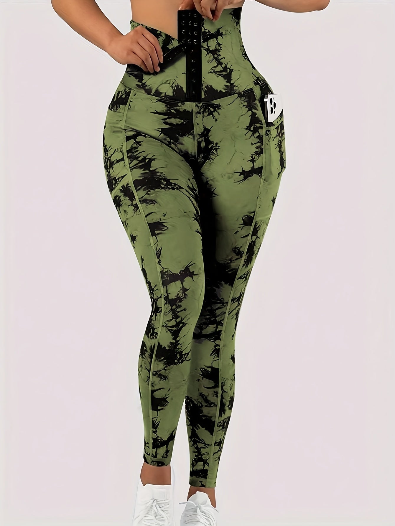 Women'S High-Waist Tie-Dye Yoga Leggings with Front Button Closure & Pockets .