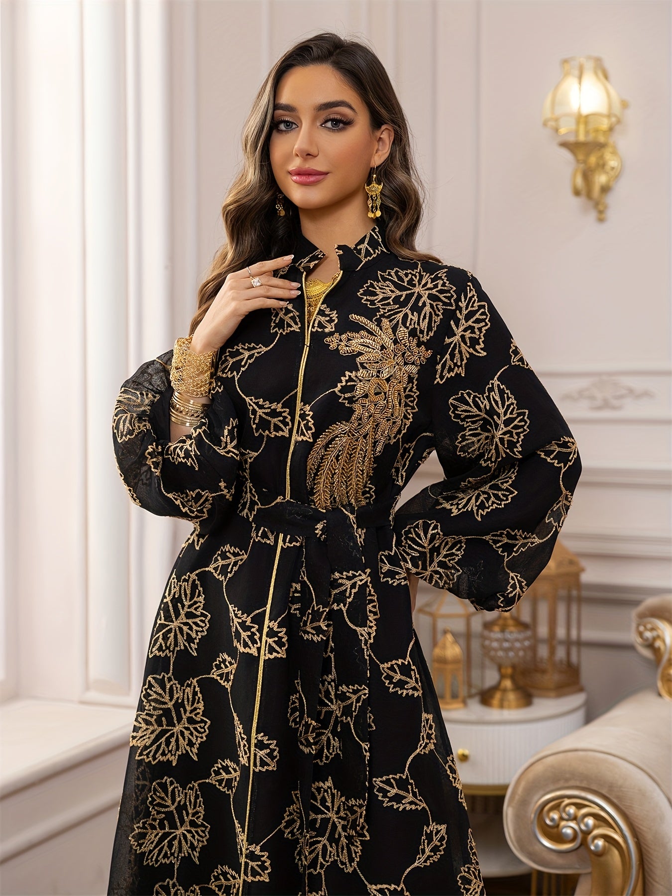 Dubai Floral Embroidery Belted Dress Belt included Lantern Sleeve/MH
