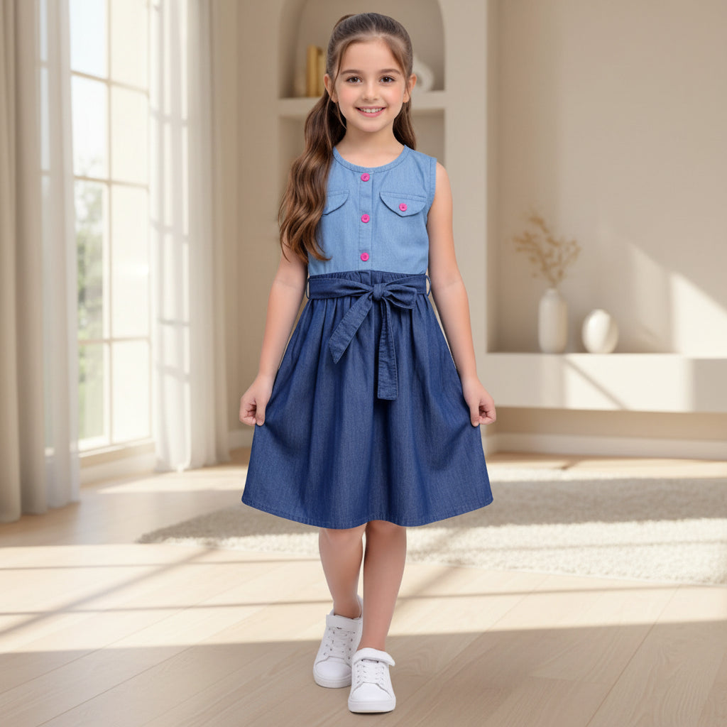 Chic Two-Tone Denim Bow Waist Dress for Girls.Sizes(2-12Years) | MH