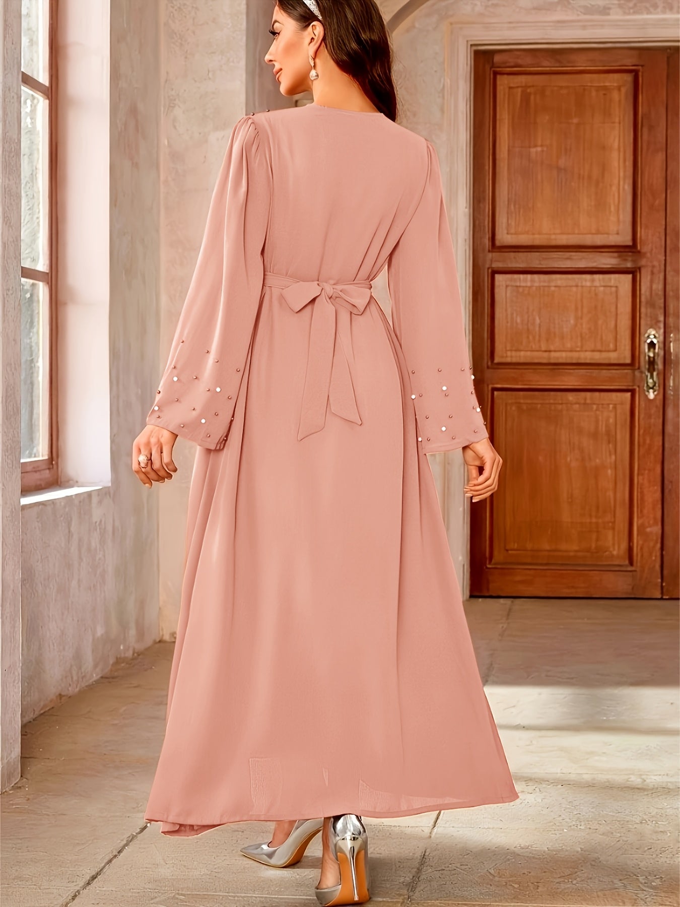 Elegant Navy Blue Abaya with Pearl Embellishments and Belt -/MH