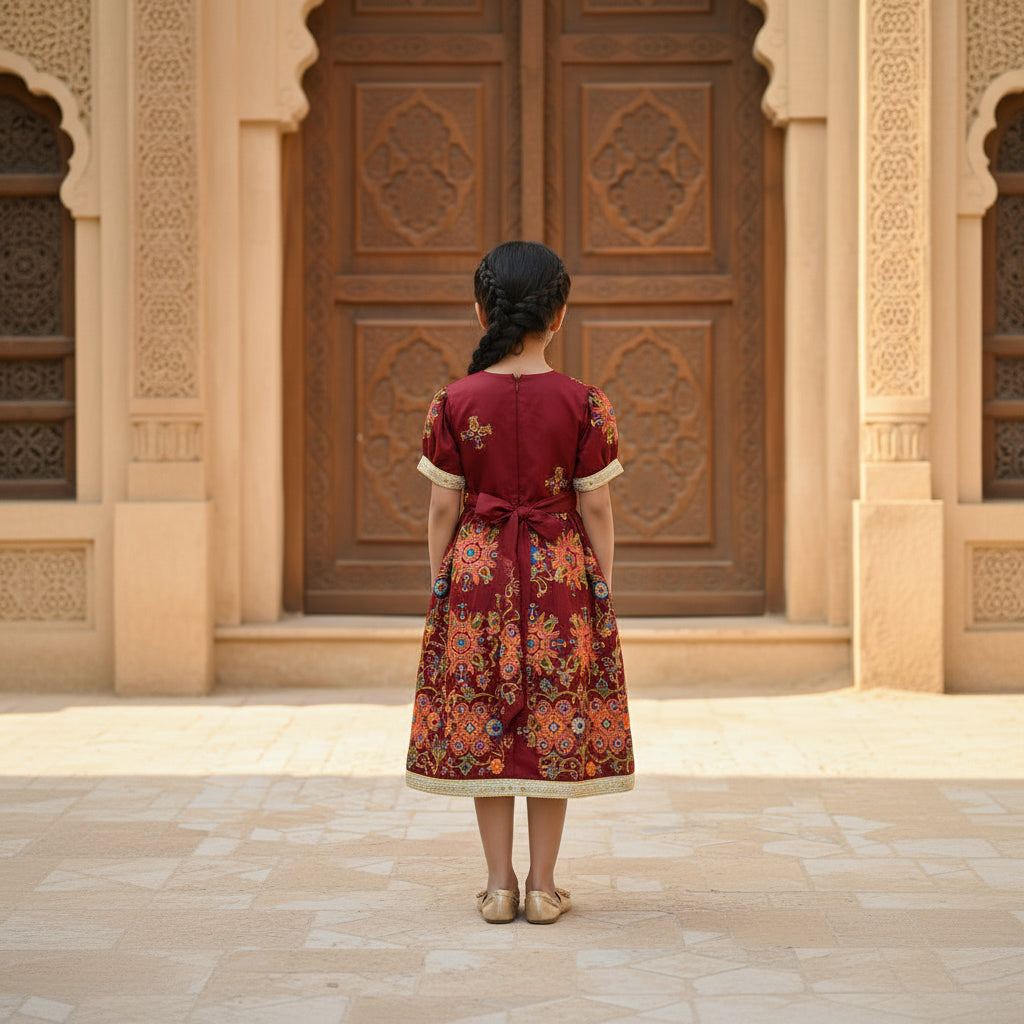 Girls Red Arabic Kaftan Dress with Floral Embroidery – Modest Fashion | Ages 2 & 4 Years | MH