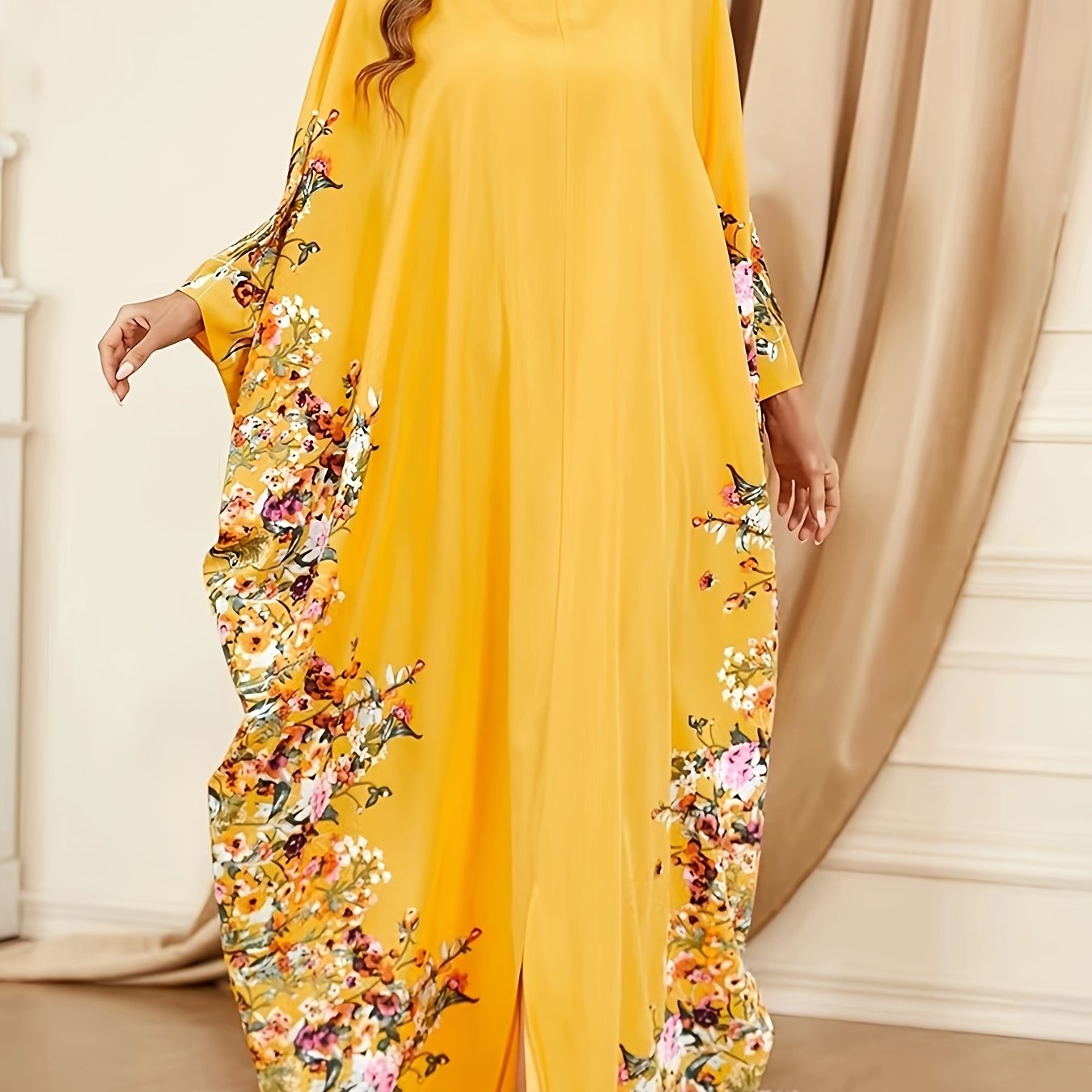 Floral Print Crew Neck Kaftan, Elegant Batwing Sleeve'/MH