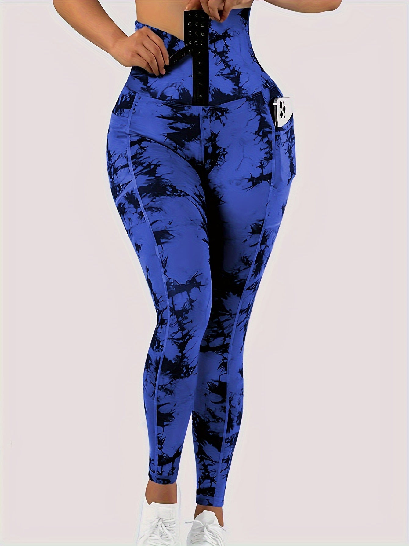 Women'S High-Waist Tie-Dye Yoga Leggings with Front Button Closure & Pockets .