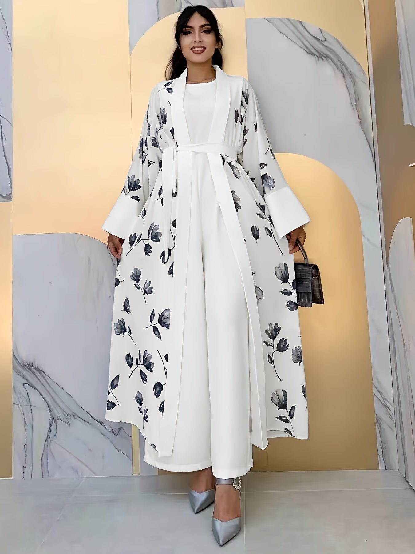 Ethnic Modest Dress Set Without Hijab, Floral Print Long Length leeveless , /MH