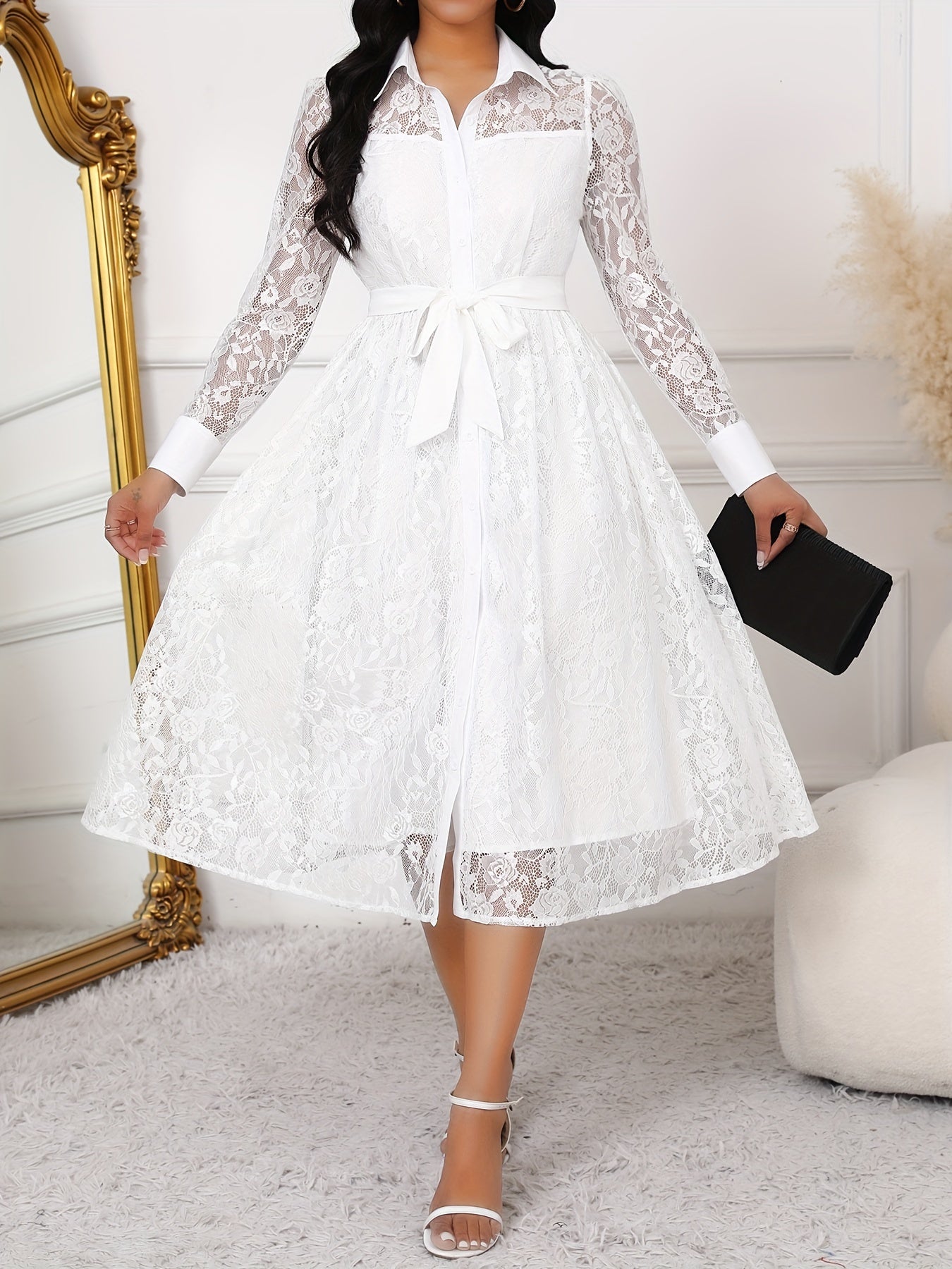 Contrast Lace Belted Button Front Shirt Dress, /MH