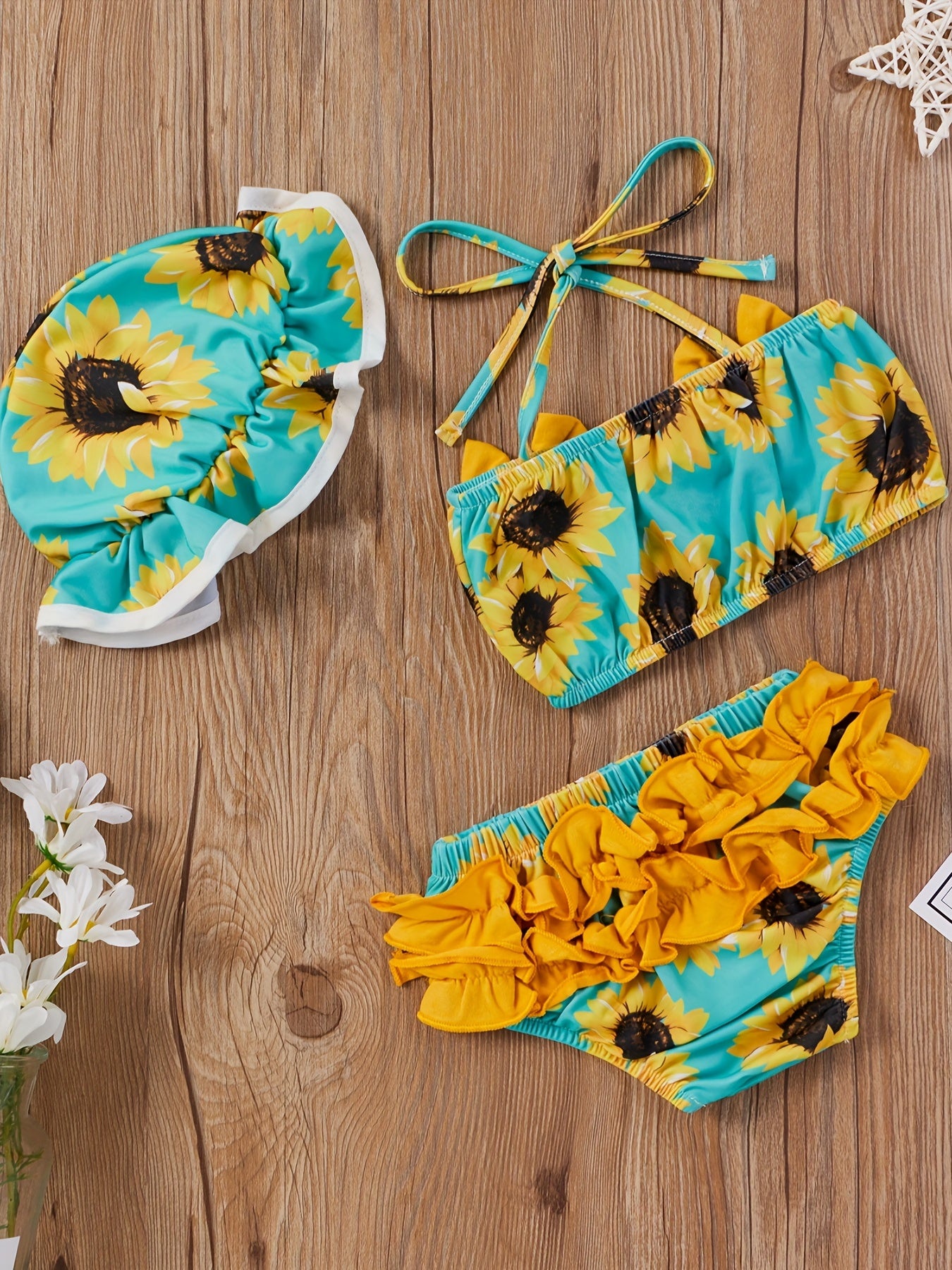 3pcs Baby Girls Bikini Tankini Swimsuit Sunflower Graphic Bow .