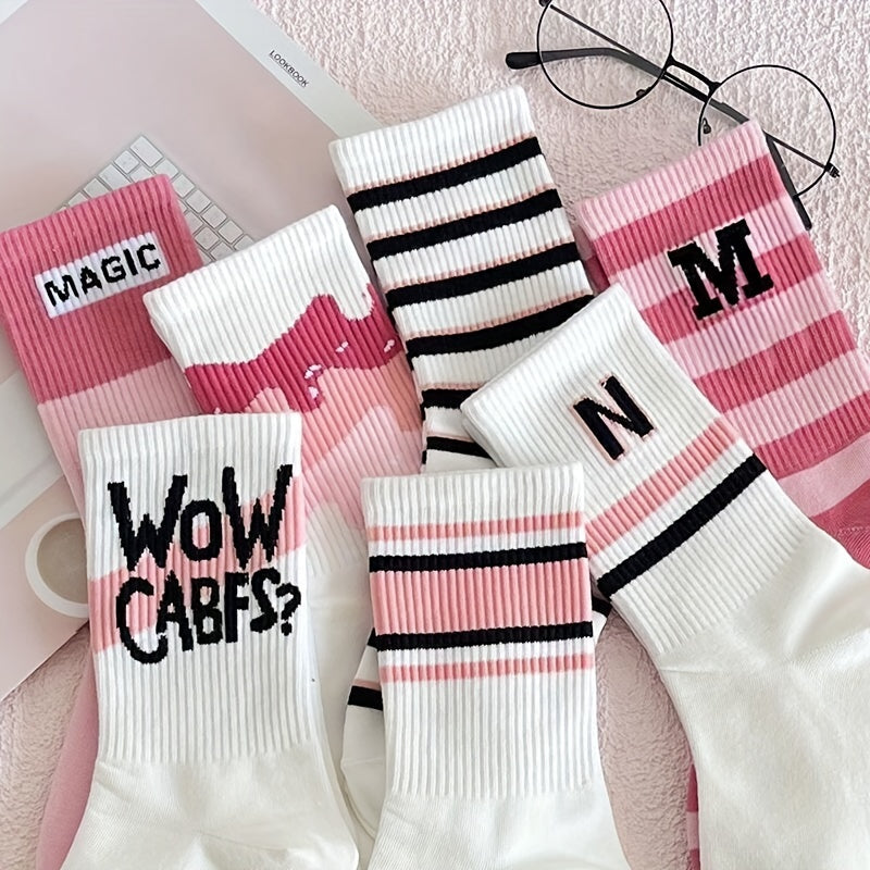 7 Pairs Letter Striped Socks,, Women's Stockings & Hosiery./MH