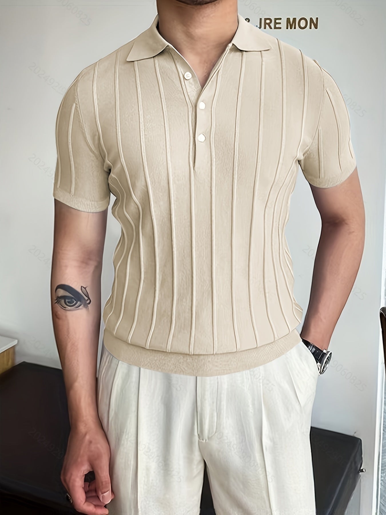 Vertical Striped Chic Shirt, Men's Casual Solid Color High Stretch .