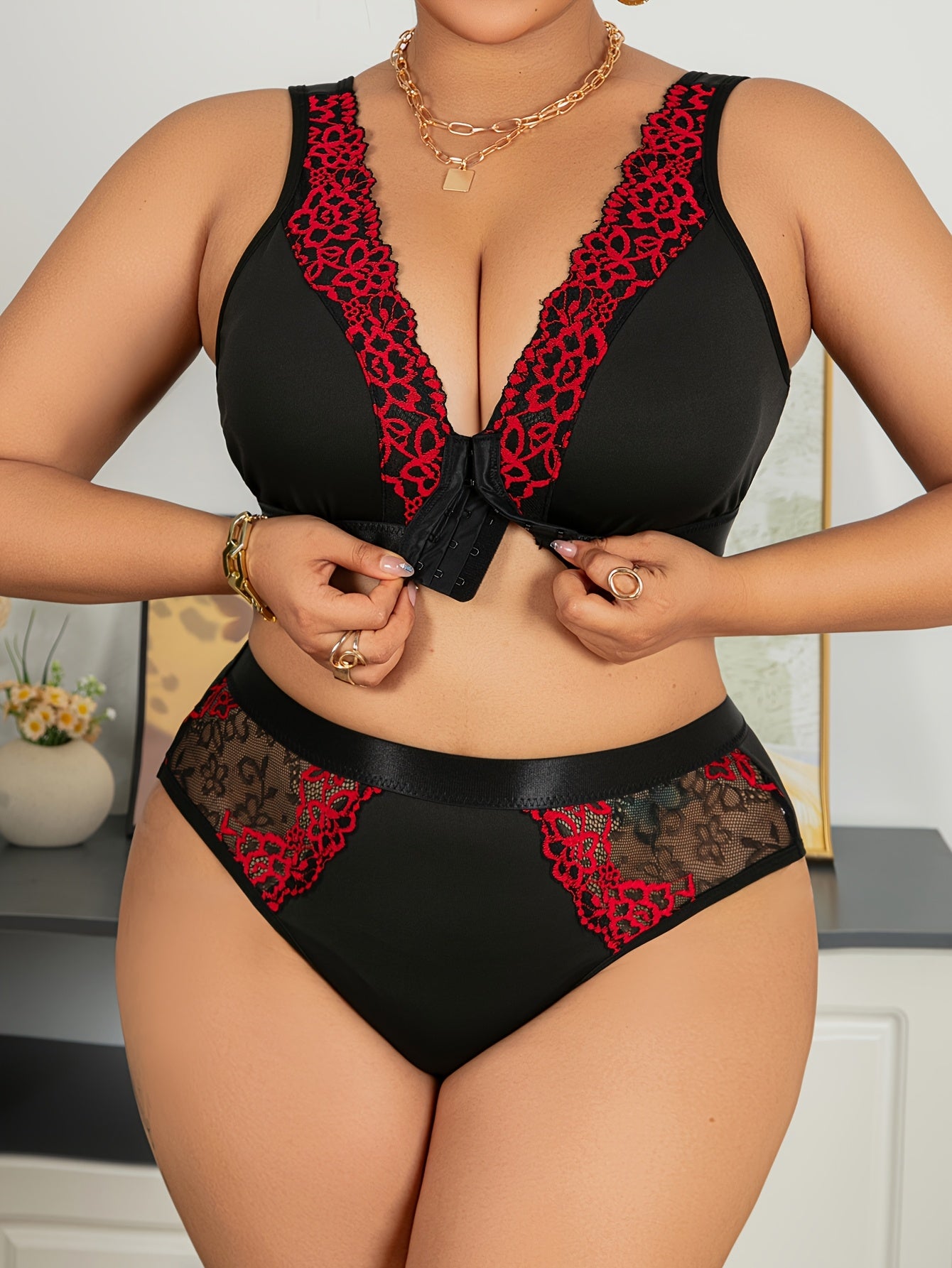 Plus Size Sexy Lingerie Set - Black & White Striped Pattern, /MH