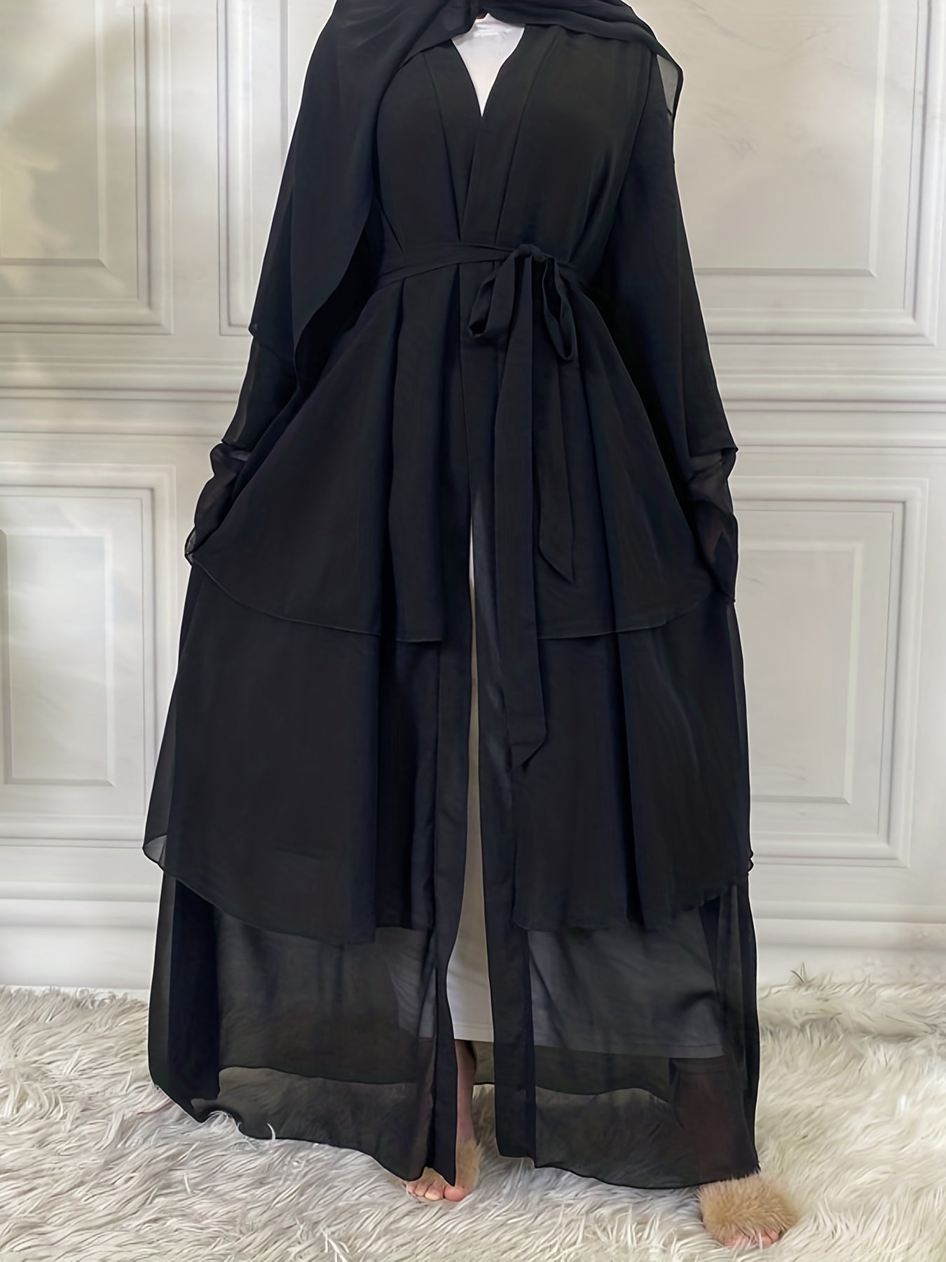 Layered Open Front Modest Dress, Long Sleeve Muslim Dress'/MH