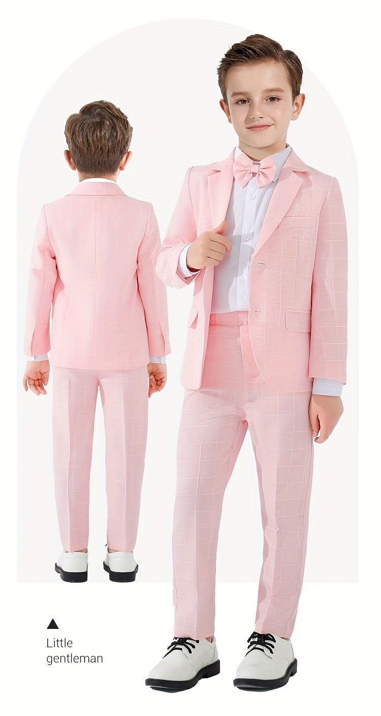 3pcs Boys Formal Plaid Gentleman Outfits, Long Sleeve Blazer.