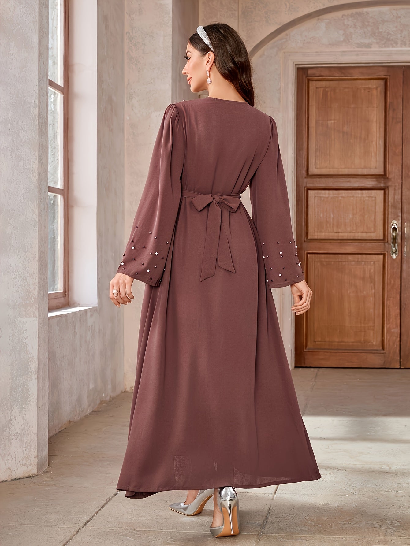 Elegant Pearl Embellished Burgundy Abaya./MH