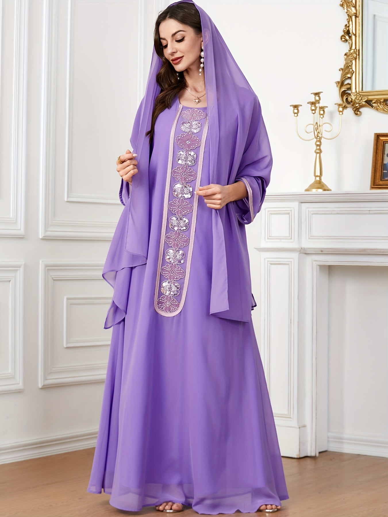 Embroidered Crew Neck Kaftan Dress, Elegant Long Sleeve women fashion '/MH