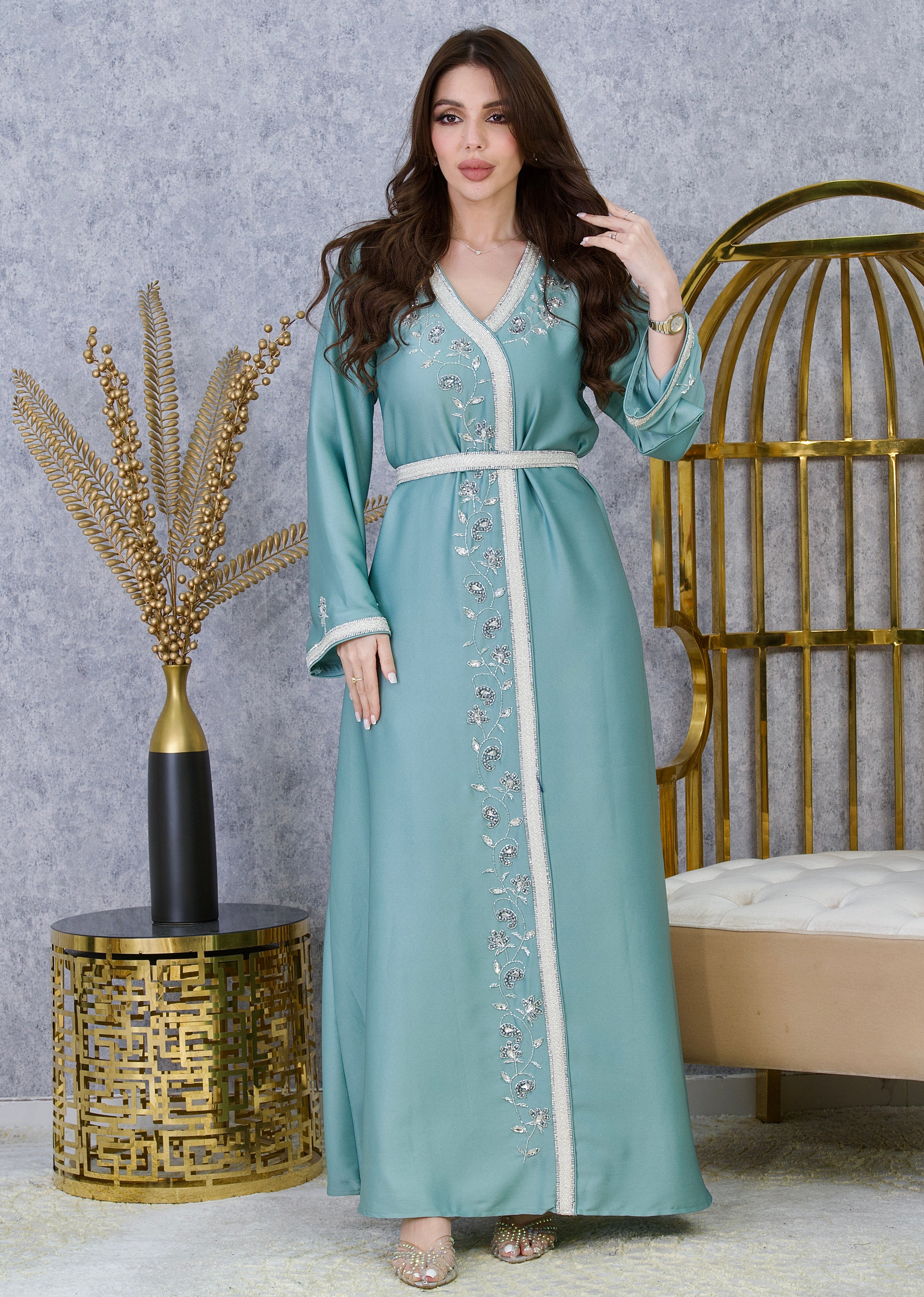 Crystal Embroidered Moroccan Caftan with Belt | Luxury Jalabiya Dress | 5 Colors | Sizes M-XXL | MH