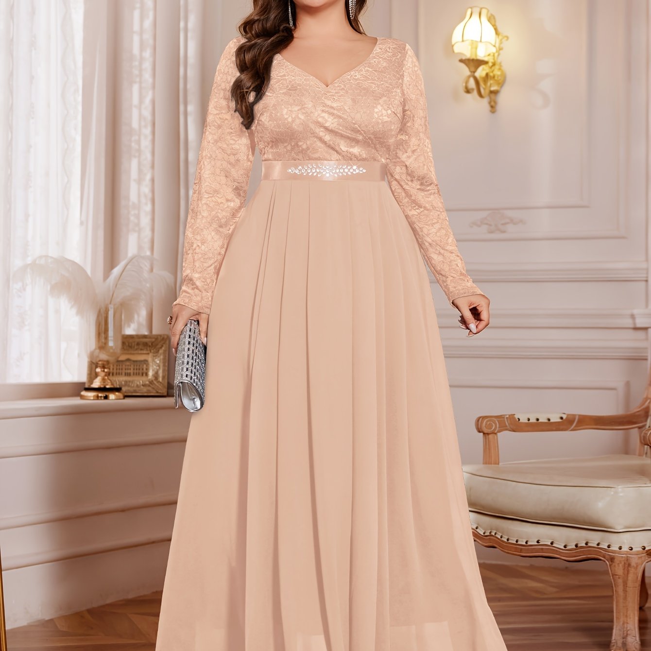 [Elegant Long Dress] Lace and Chiffon Elegant Long Dress ./MH