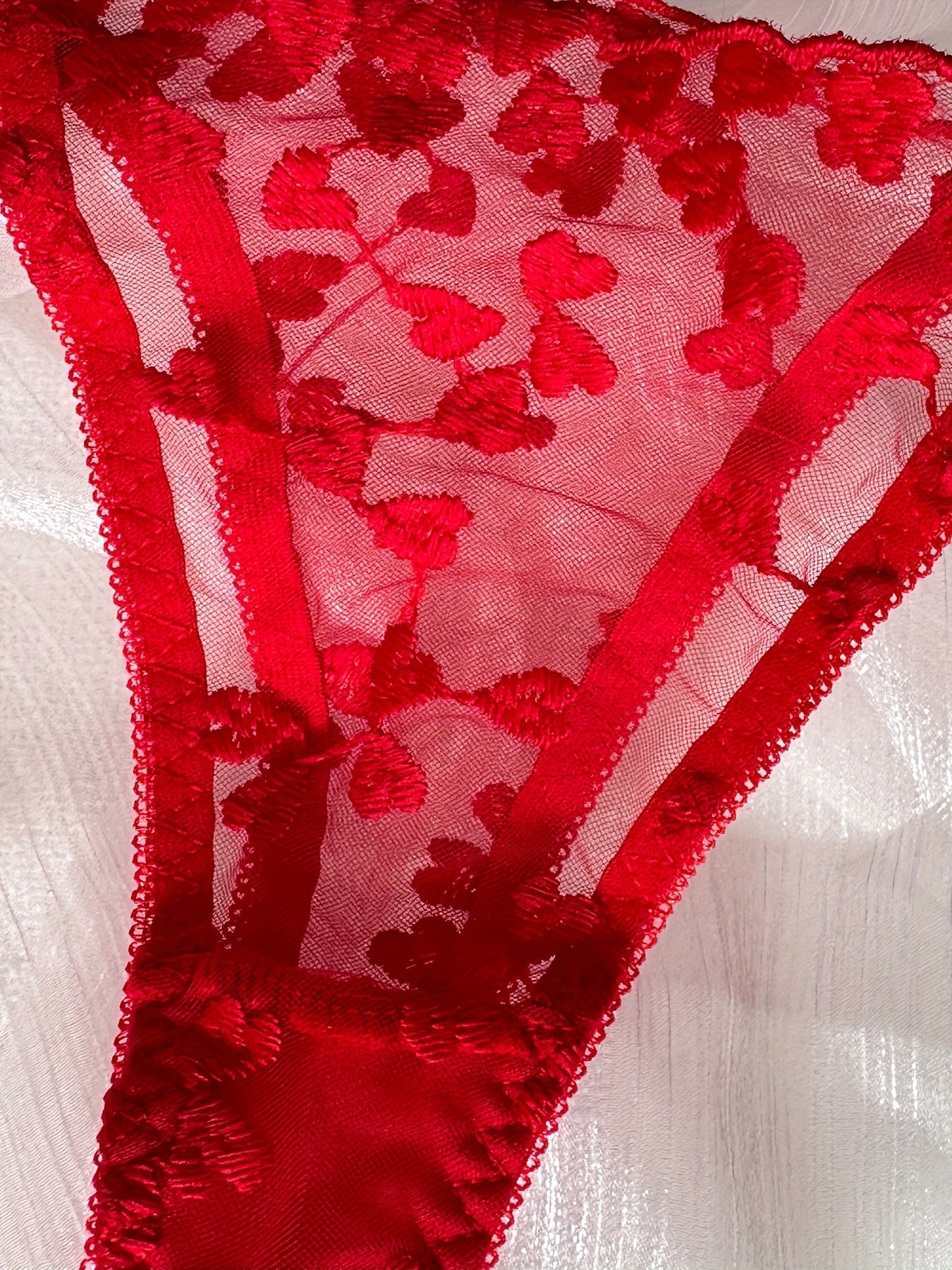 Heart Embroidery Lingerie Set, Mesh Unlined Bra & Strappy Thong,/MH