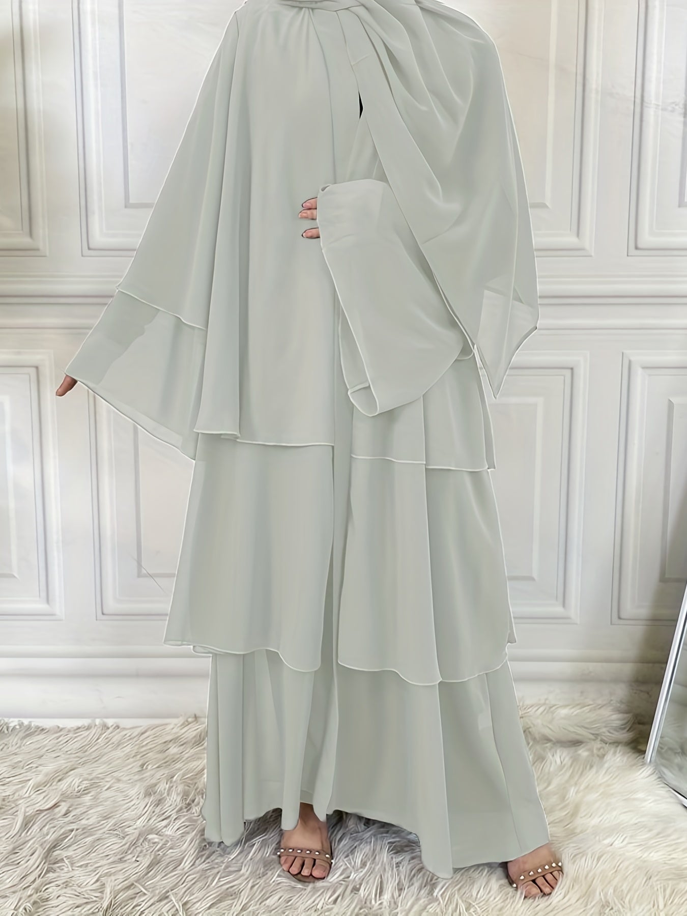 Layered Open Front Modest Dress, Long Sleeve Muslim Dress'/MH