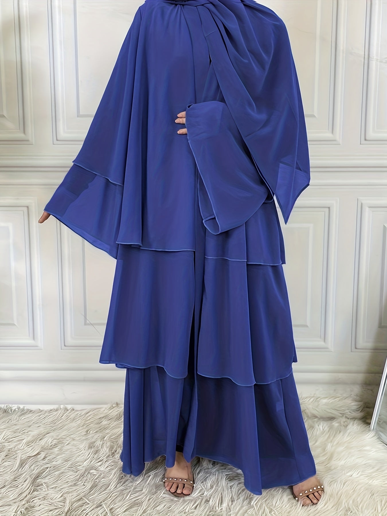 Layered Open Front Modest Dress, Long Sleeve Muslim Dress'/MH
