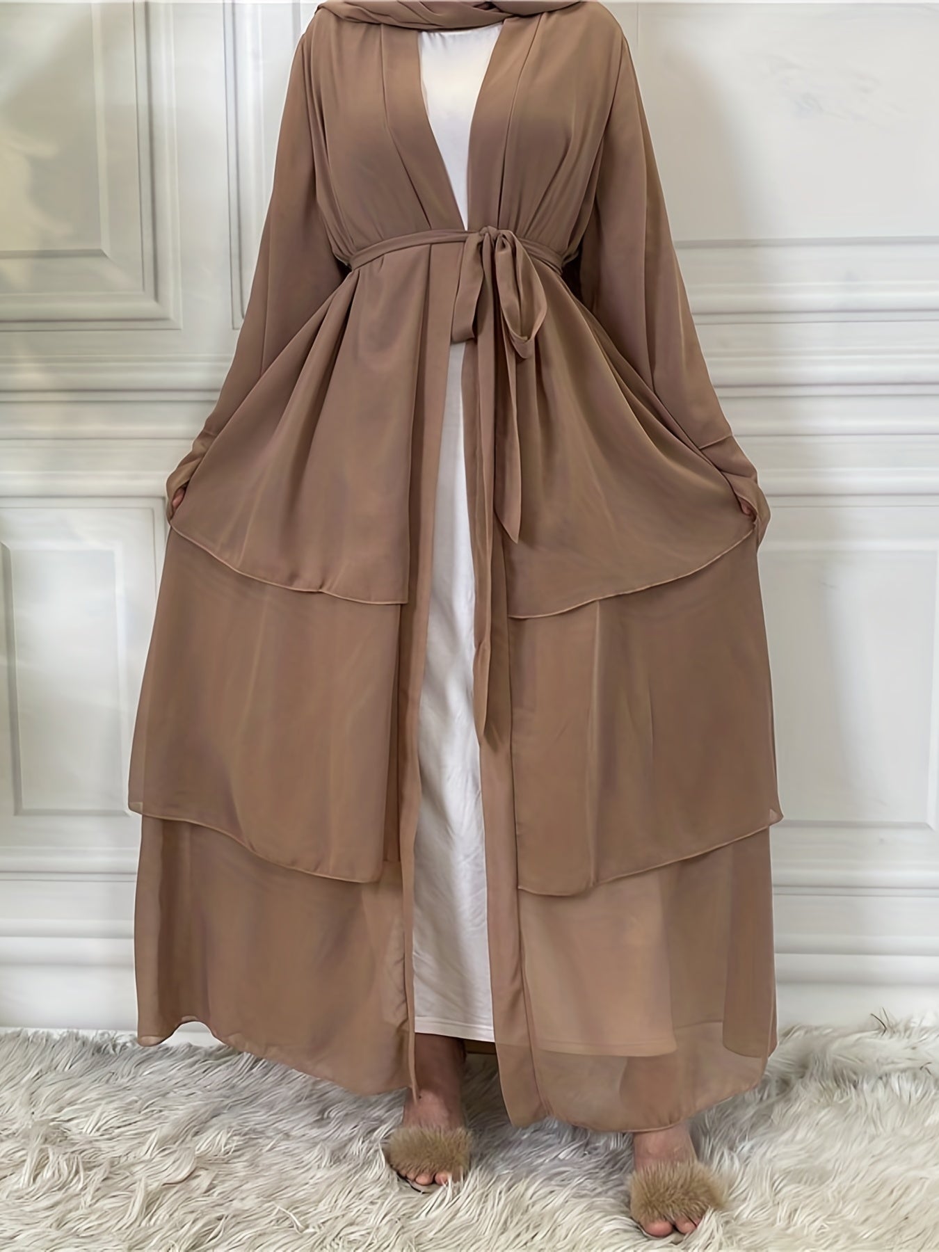 Layered Open Front Modest Dress, Long Sleeve Muslim Dress'/MH