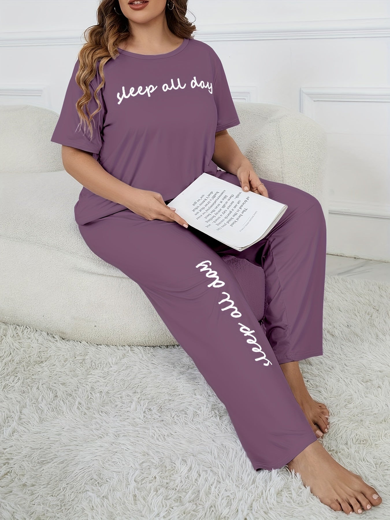 Plus Size Women's Cute Pajama Set, Plus Size Letter Print Short Sleeve Top and Pants Casual 2pcs, Plus Size Pajama Sets