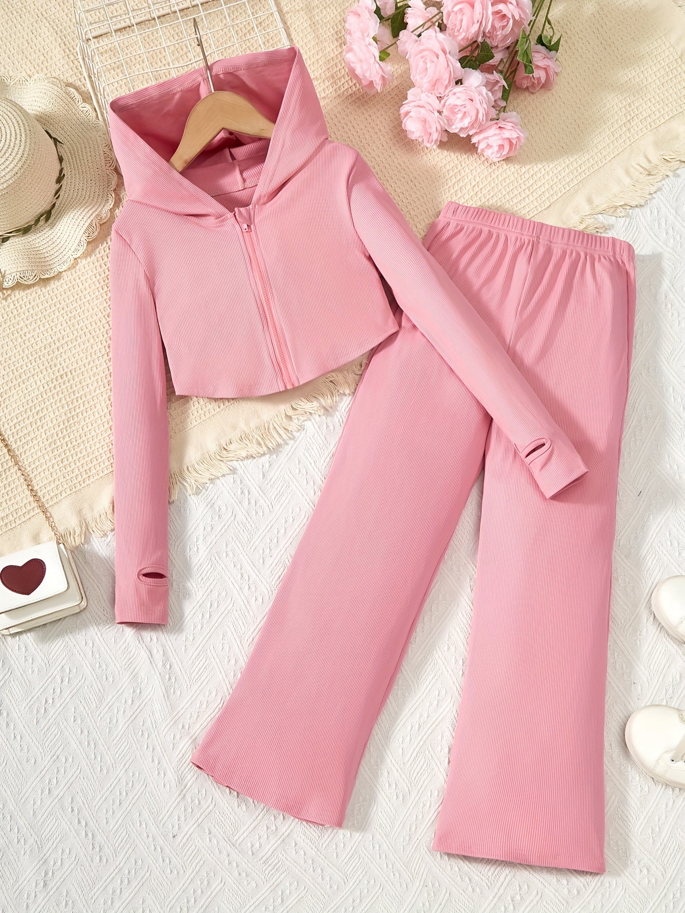 Elegant Girls Slim Outfits 2pc, Zip Hoodies + Loose Fit Flare Pants Kids Clothes.