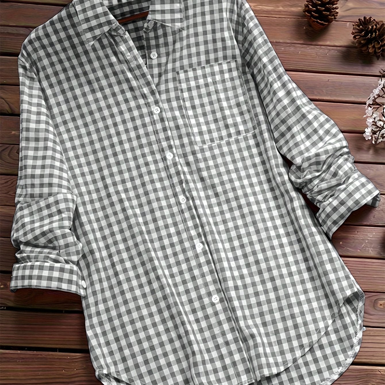 Women'S Casual Long Sleeve Gingham Check Shirt - Light Blue & White,