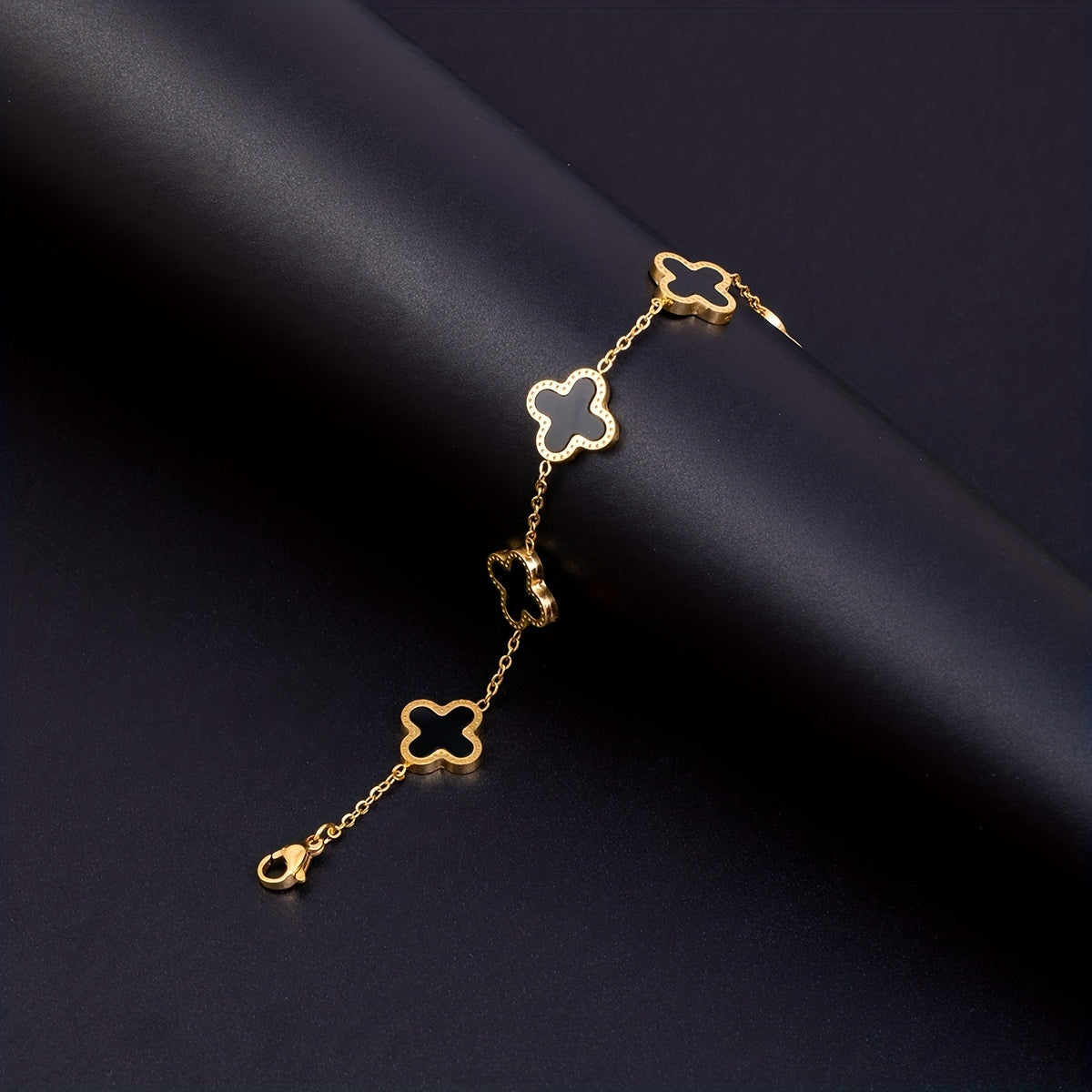 Elegant Classic Versatile Black Four-Leaf Clover Bracelet, 18k Golden Plated, Ideal Choice For Gift