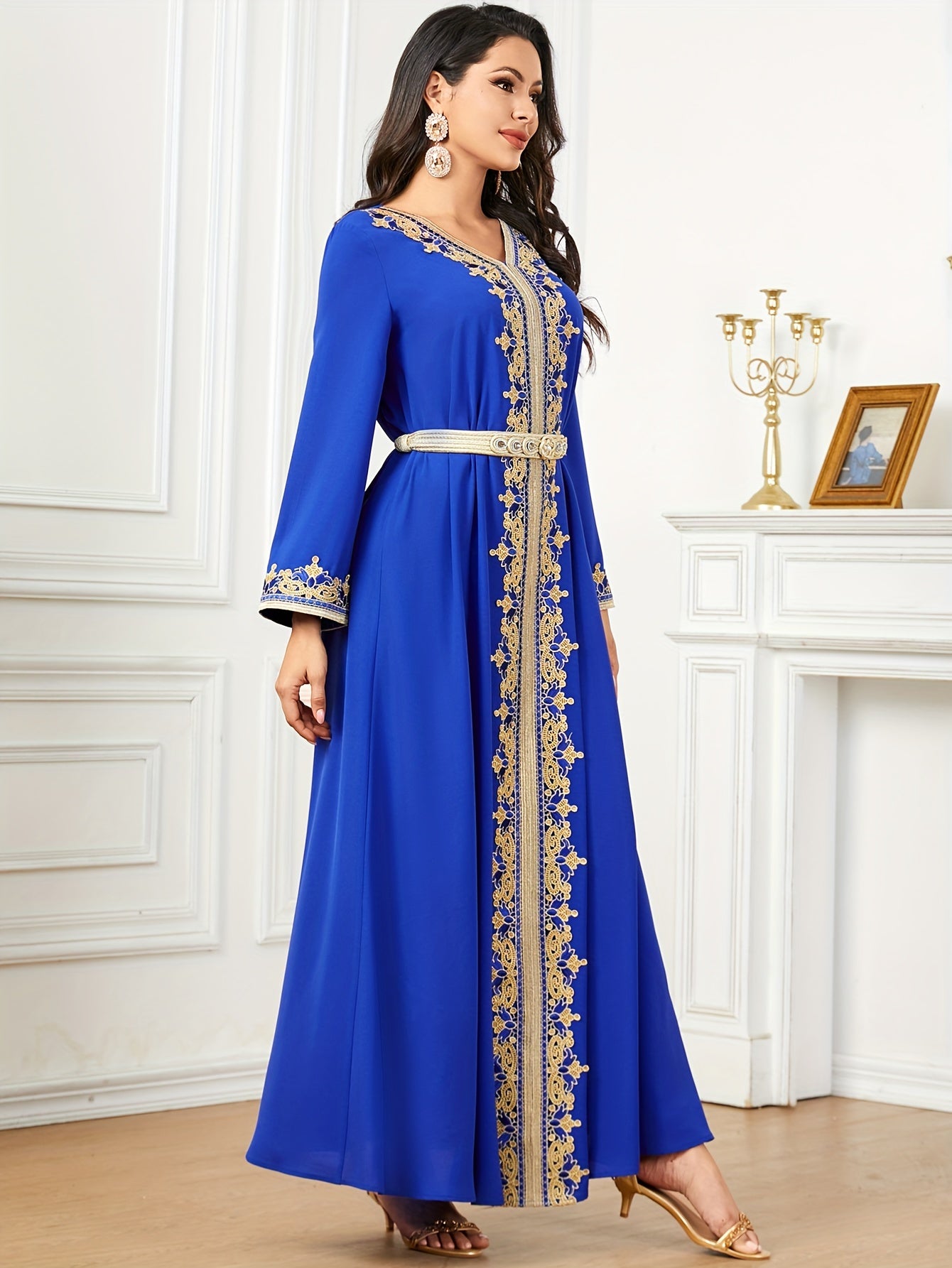Contrast Lace V-neck Kaftan Dress, Elegant Long Sleeve'/MH