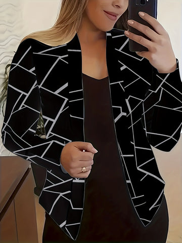 Geo Print Open Front Blazer, Casual Long Sleeve Outwear,