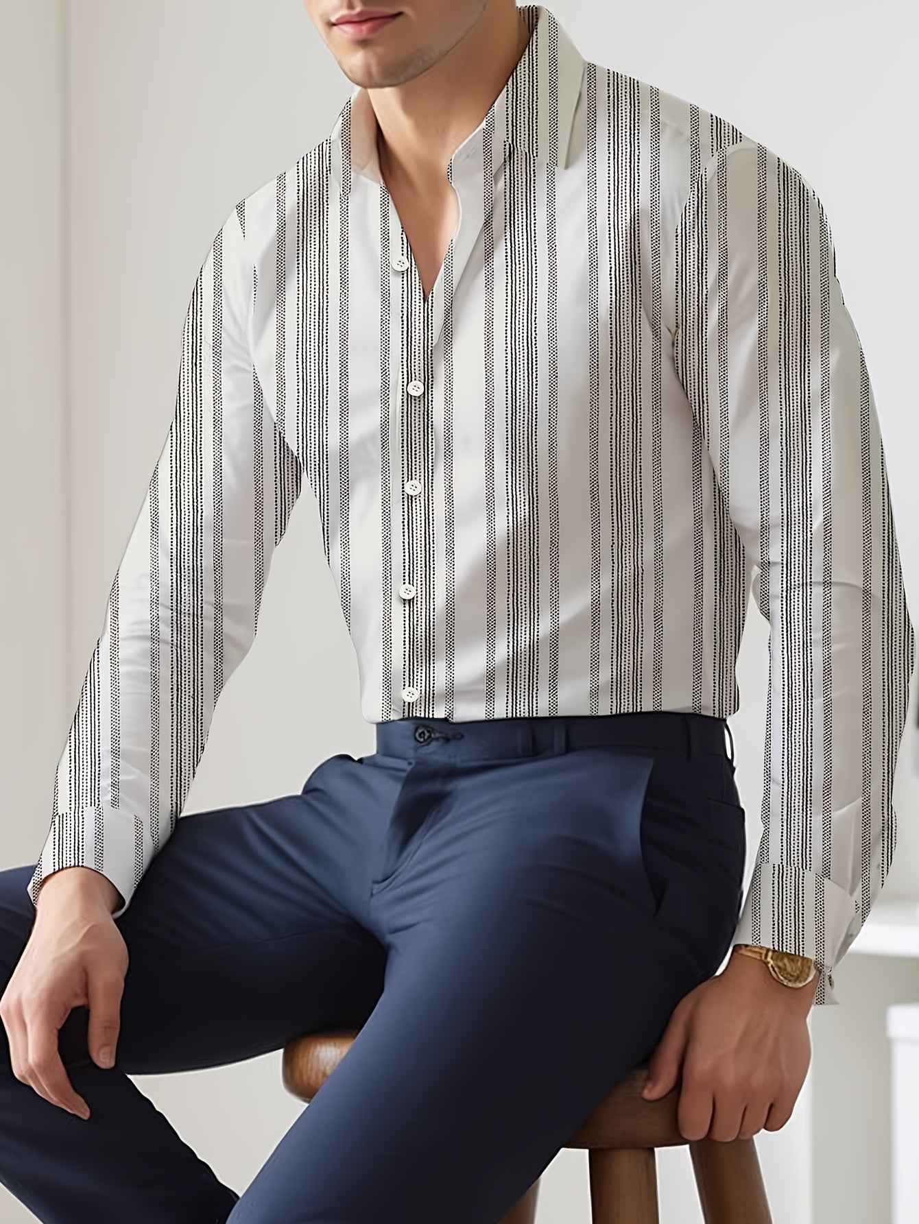 Men's Striped Lapel Collar Dress Shirts, Long Sleeve .