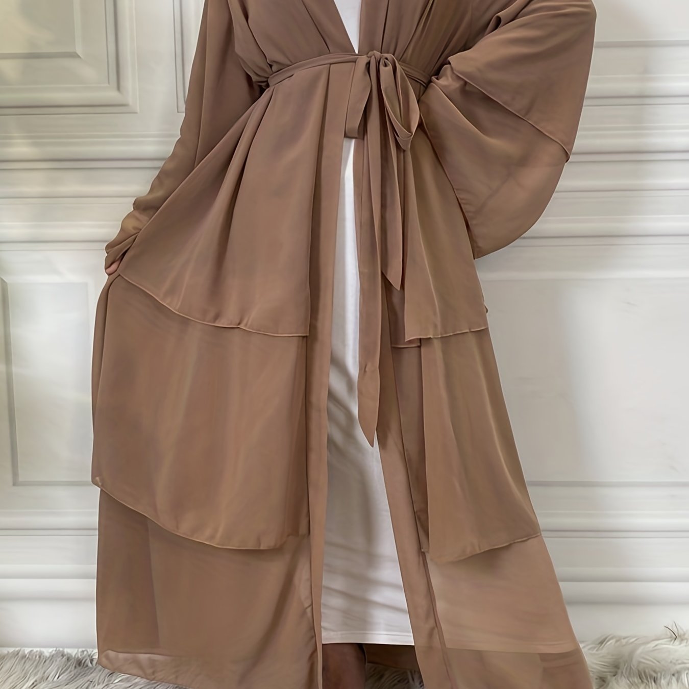 Layered Open Front Modest Dress, Long Sleeve Muslim Dress'/MH