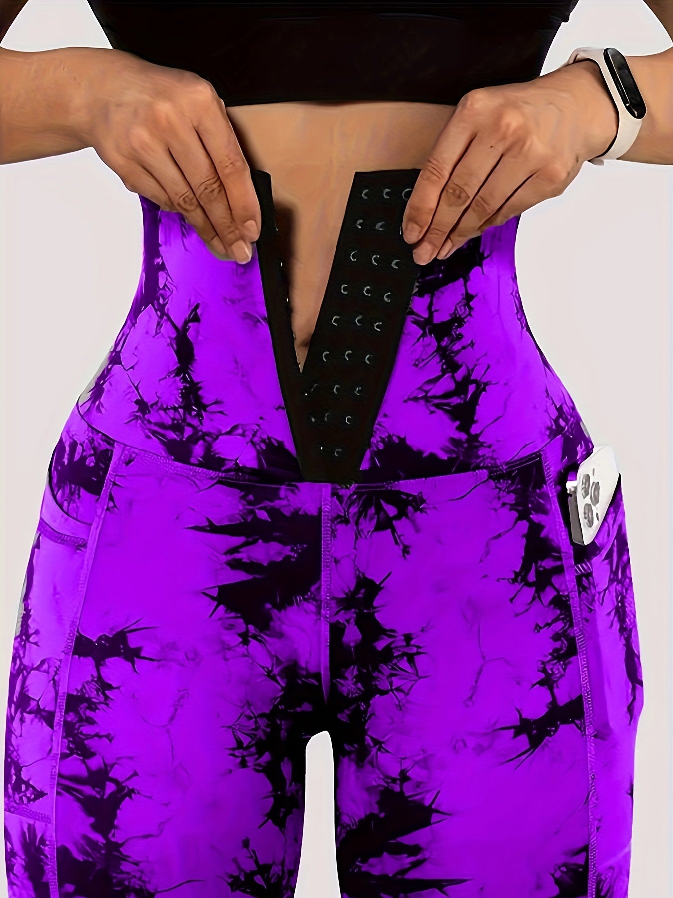 Women'S High-Waist Tie-Dye Yoga Leggings with Front Button Closure & Pockets .