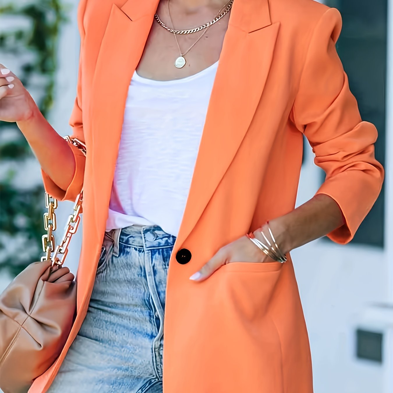 Button Blazer, Elegant Lapel Long Sleeve Work Office Outerwear,