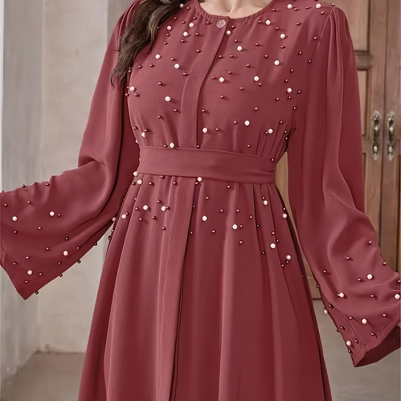 Elegant Pearl Embellished Burgundy Abaya./MH