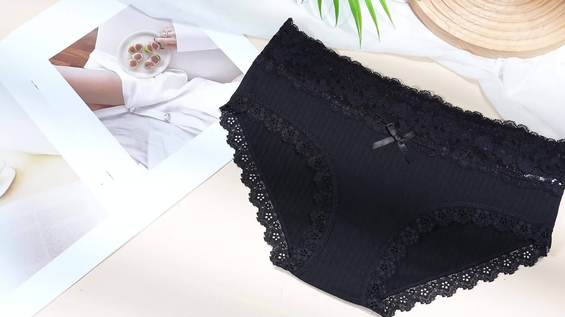 6pcs Solid Ribbed Briefs, Sexy & Comfy Bow Decor Lace Trim Intimate Panties, /MH