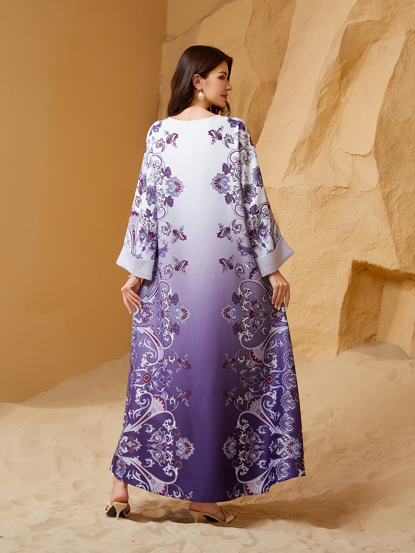 Elegant Purple Floral Print Abaya Dress for Women -/MH