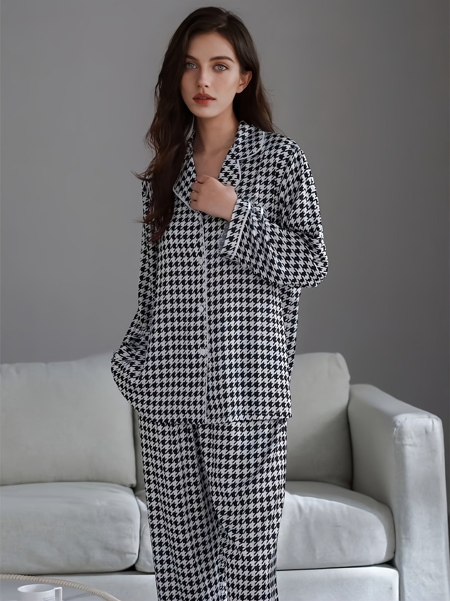 Elegant Classic Houndstooth Print Pajama Set,