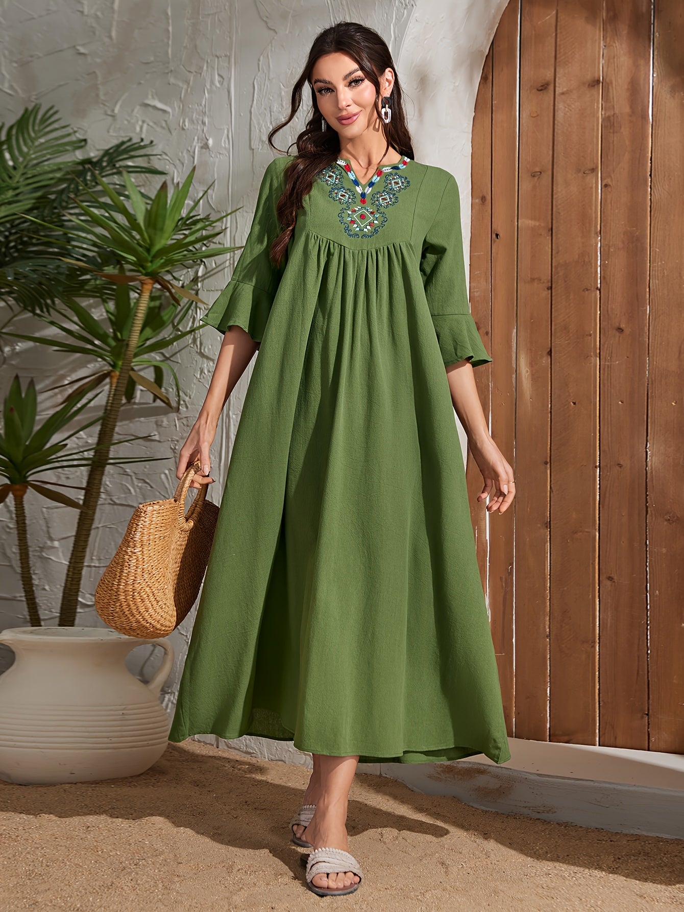 Embroidered V Neck Kaftan Dress, Elegant Half Sleeve .MH