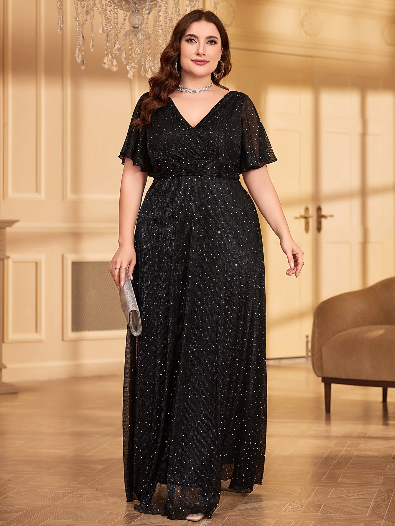 Elegant Long Party Evening Dress with a V-Neck, Ruffled Sleeves, /MH