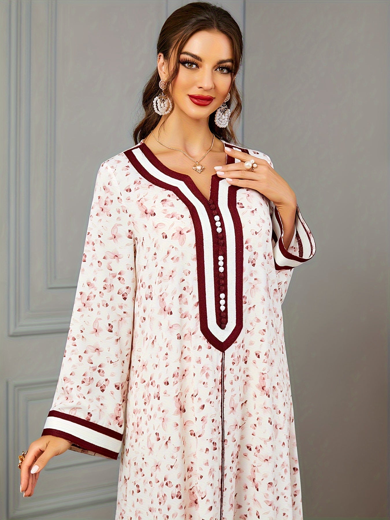 Floral Print Notch Neck Kaftan, Elegant Long Sleeve Maxi women fashion ;/MH