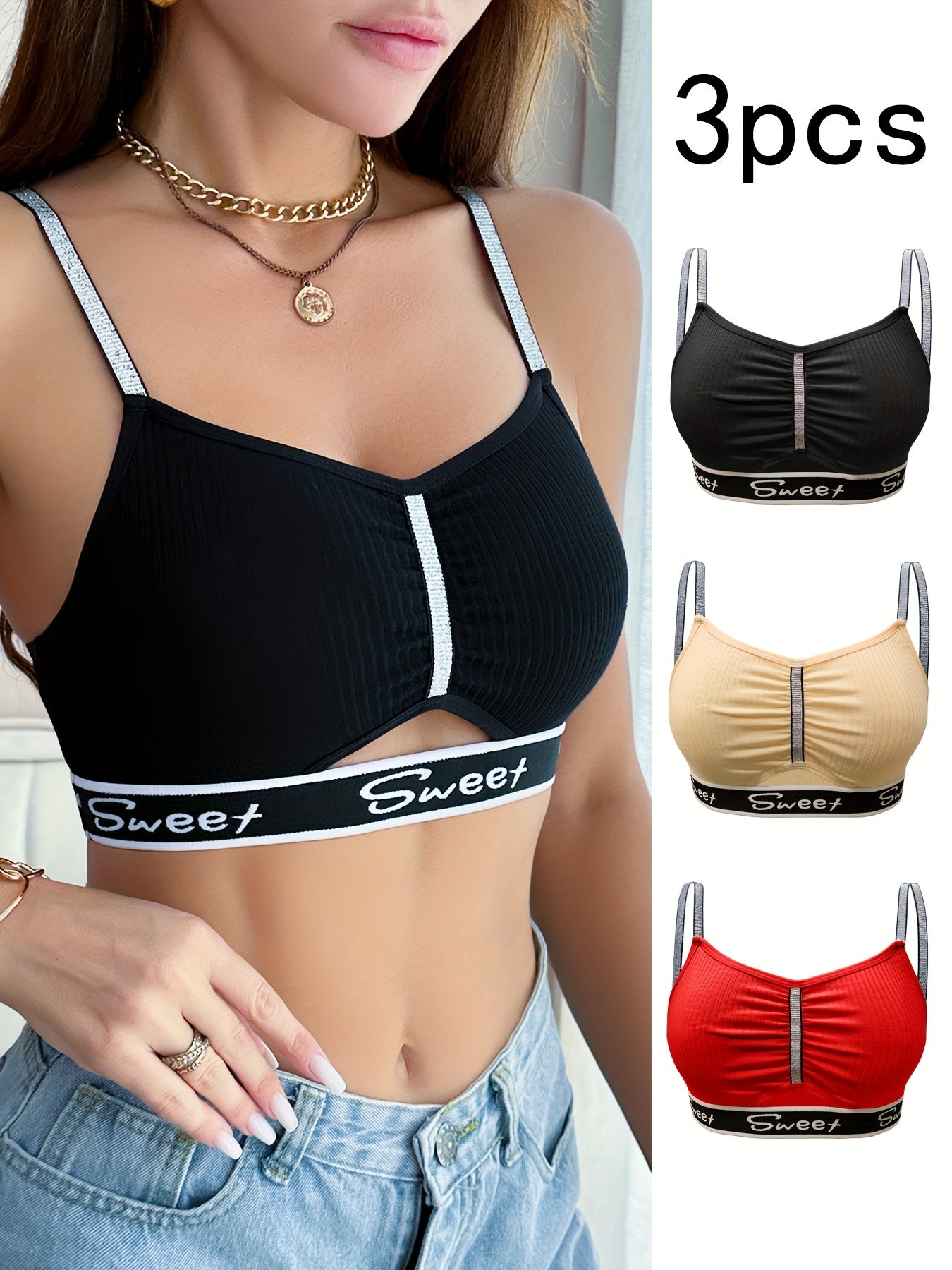 3pcs Color Block Wireless Cami Bra, Sexy Comfy Push Up Bra, /MH