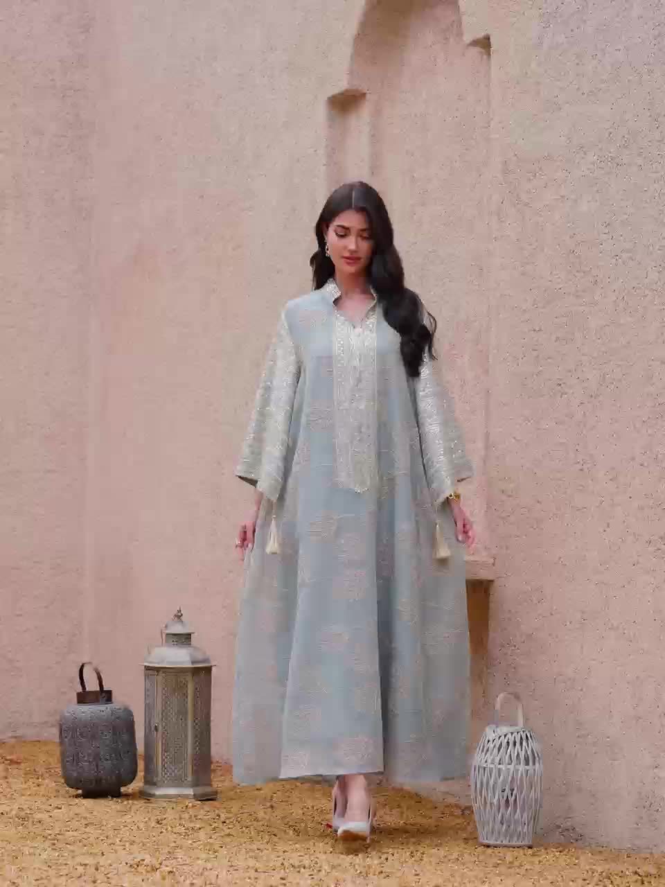 Elegant Light Blue Embroidered Kaftan Dress - V-Neck, Bell Sleeves,/MH