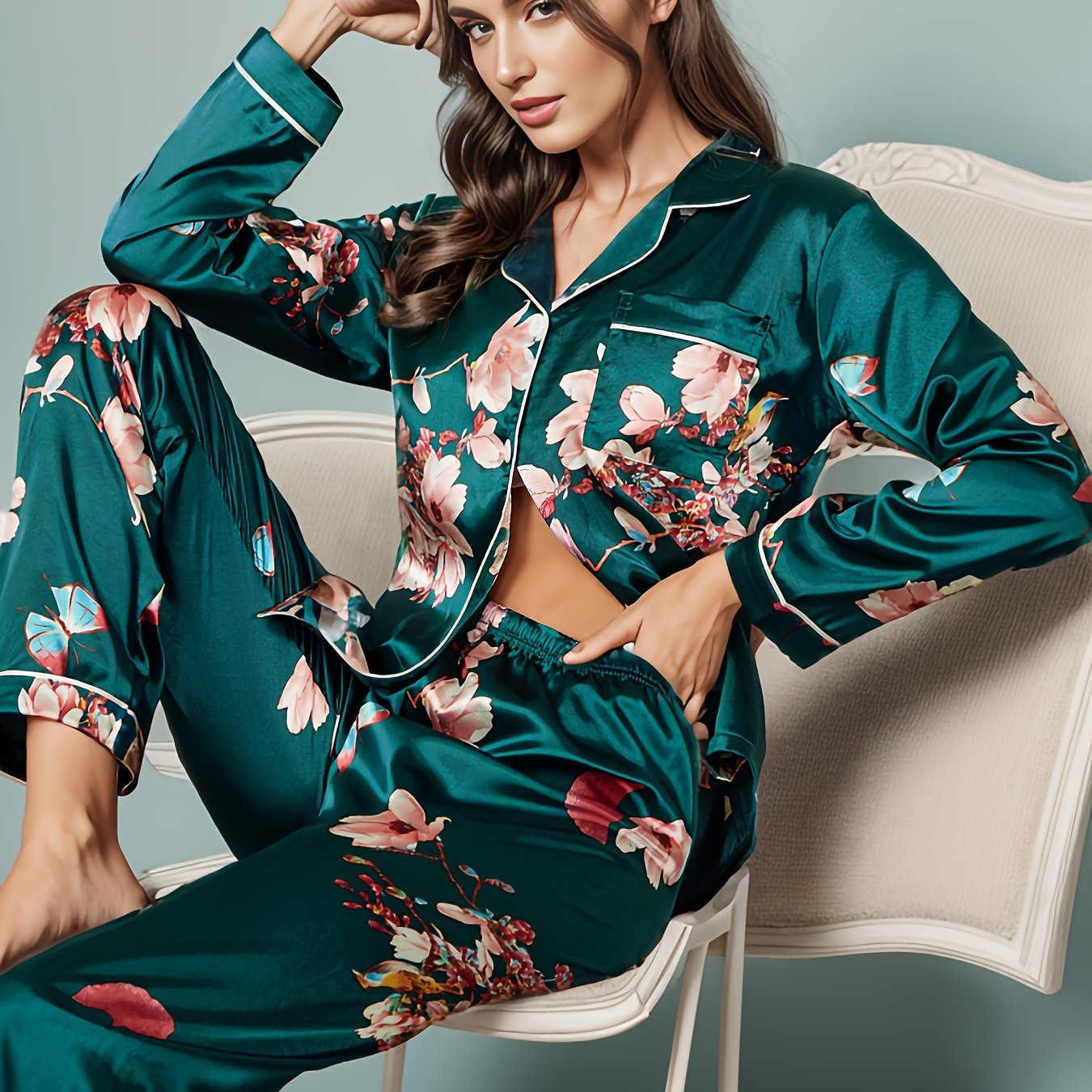 Floral Print Satin Pajama Set,